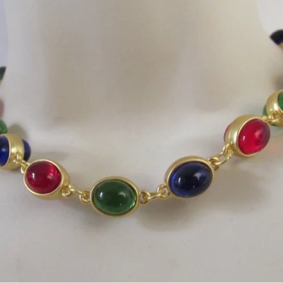 Exquisite Green, Blue & Green Glass Cabochons, Satin Gold Plated Necklace Choker - Picture 2 of 5